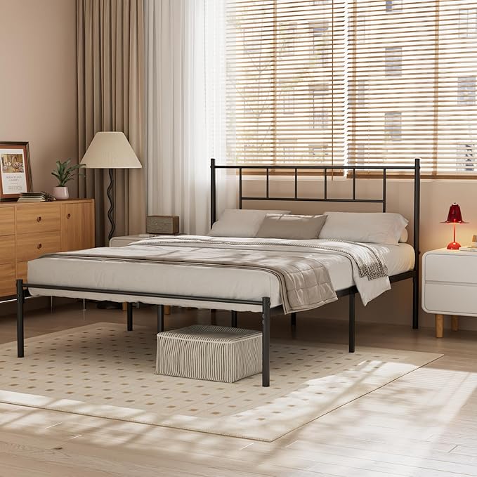 VECELO Queen Metal Platform Bed Frame with Headboard, Heavy Duty Steel Slat Support, Under Bed Storage,No Box Spring Needed, Easy Assembly