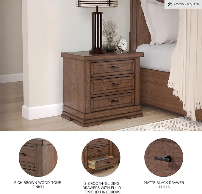 Signature Design by Ashley Taffenbrook Farmhouse 3-Drawer Nightstand with Felt-Lined Top Drawer, Power Supply and USB Ports, 28.5" W x 18.25" D x 26.5" H, Dark Brown