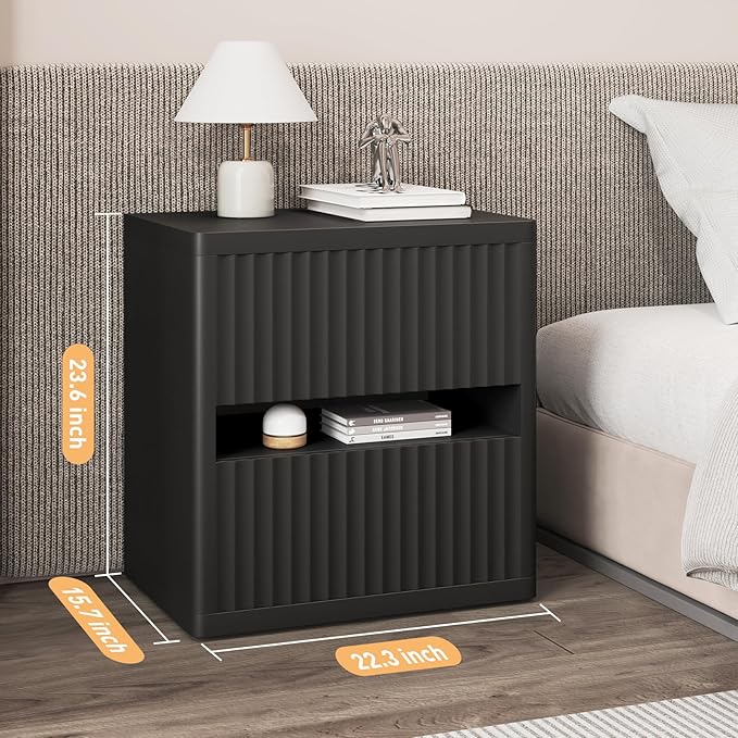 Dripex Fluted Nightstand Set of 2, 22'' Wide Night Stand with 2 Large Drawers, Mid Century Modern Wood Bedside Table with Open Shelf, Large Bed Side End Table for Bedroom, Black
