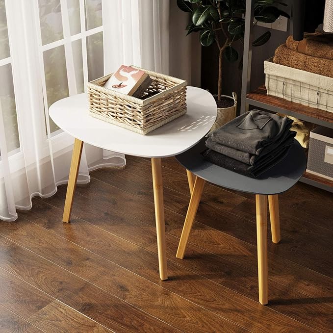 BAMEOS Bamboo Nesting Triangle End Table,Set of 2 SideTable Modern Minimalist Coffee Table for Living Room, Balcony in White & Grey