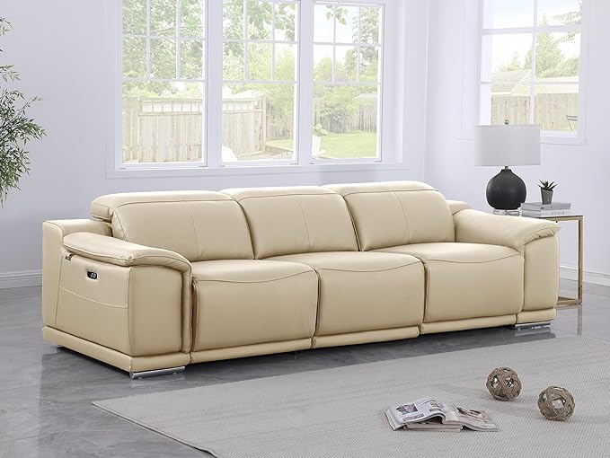 BlackJack Furniture Venice Top Grain Italian Leather Power Recline 3 Piece Sofa - 107" Theater Seating Modern Couch for Living Room Apartment Lounge Home with Adjustable Headrests & USB Port, Beige