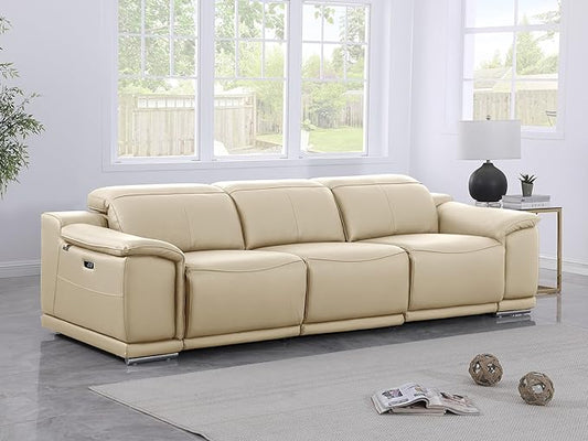 BlackJack Furniture Venice Top Grain Italian Leather Power Recline 3 Piece Sofa - 107" Theater Seating Modern Couch for Living Room Apartment Lounge Home with Adjustable Headrests & USB Port, Beige