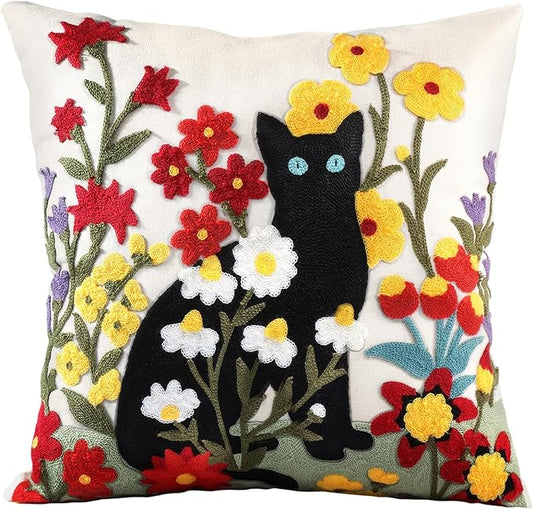 Embroidered Throw Pillow Cover - 20x20 Decorative Pillow Cover with Zipper Aesthetic Cute Design Boho Spring Summer Throw Pillowcase for Living Room Couch Sofa Bed, Flower Cats