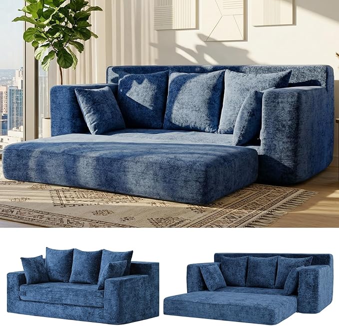 Convertible Sofa Bed, 5 in 1 Small Boneless Couch Pull Out Loveseat Sleeper Sofa,Corduroy Futon Couch Folding Mattress with 4 Pillows for Living Room Bedroom Lounge (Blue, 3 Seater)