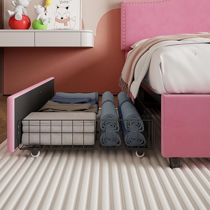 VECELO Queen Bed Frame, Platform Bed Frame with Underbed Storage Drawers and Adjustable Height Upholstered Headboard, Heavy-Duty Frame and Strong Wooden Slats Support, Noise-Free, Easy Assembly, Pink