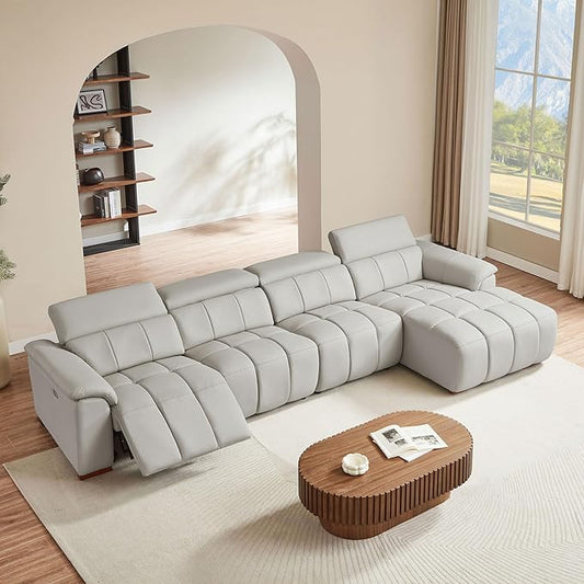 KEIKI 145" L-Shaped Genuine Leather Wall-Hugger Reclining Sofa with Right Chaise, Adjustable Backrest & Footrest, Modern Electric Control 4-Seater Couch with USB, for Living Room, Light Grey