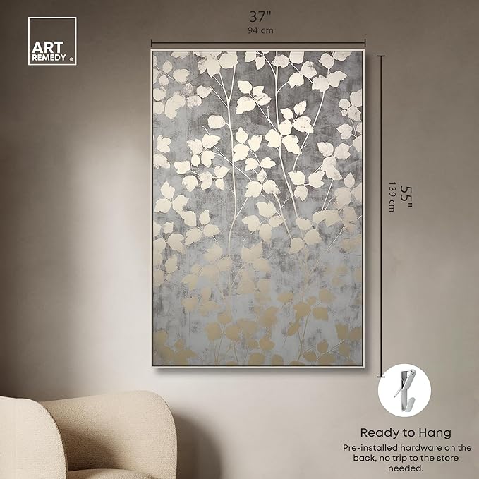 Art Remedy Silvery Gray Garden Canvas Elegant Floral Wall Art, Silver Frame, 36" x 54"