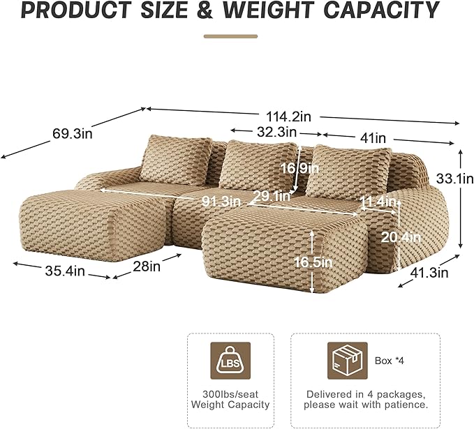 KEIKI 114" Oversized 3-Seater Boneless Couches for Living Room, Flexible Modular Sectional Velvet Sofa U-Shaped, Deep Seat Soft Cushion No Assembly Couch for Home, Modern Comfort Design, Light Camel