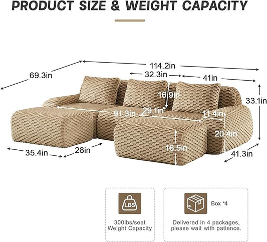 KEIKI 114" Oversized 3-Seater Boneless Couches for Living Room, Flexible Modular Sectional Velvet Sofa U-Shaped, Deep Seat Soft Cushion No Assembly Couch for Home, Modern Comfort Design, Light Camel