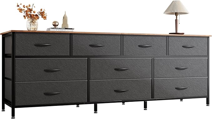 Huuger 63 Inch Dresser for Bedroom, Long Dresser with 10 Fabric Drawers, TV Stand for 55, 65, 70 Inch TV, Toy Storage Organizer for Closet, Rustic Brown and Black