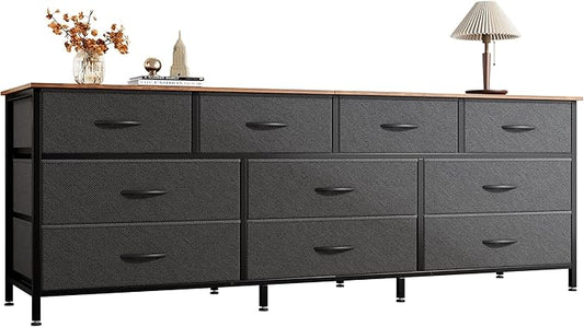 Huuger 63 Inch Dresser for Bedroom, Long Dresser with 10 Fabric Drawers, TV Stand for 55, 65, 70 Inch TV, Toy Storage Organizer for Closet, Rustic Brown and Black