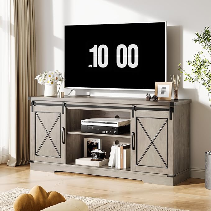 GarveeHome Farmhouse TV Stand for TV up to 65 in and Entertainment Center with Sliding Barn Doors and Adjustable Shelf, Tv Media Console Table with Storage Cabinet for Living Room, Bedroom, Grey