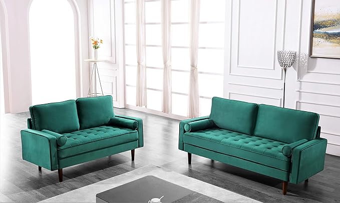 Container Furniture Direct Womble 58 Inch Velvet Loveseat Sofa with Elegant Button Tufted Upholstery, Square Arms, Splayed Wood Legs, Includes Matching Bolster Pillows, Pine Green
