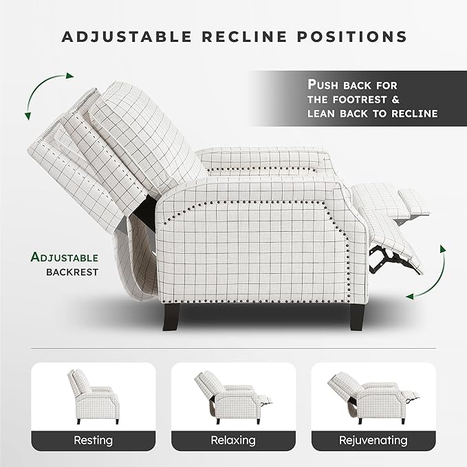 Lexicon Pushback Recliner Chair, Plaid Textured Fabric Armchair Push Back Reclining Chair, Nailhead Trim, Solid Wood Legs, Easy Assembly for Living Room/Office/Apartment, Off-White
