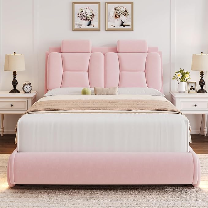 Keyluv Queen Led Car Bed Frame with Wheels Decor & Adjustable Curved Headboard Modern Upholstered Platform Bed with Detachable Pillows Solid Wooden Slats Support No Box Spring Needed, Velvet Pink