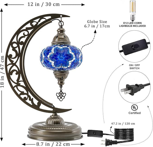 Mozaist Moroccan Mosaic Crescent Shape Table Lamp, Turkish Moon Tiffany Style Handmade Desk Dim Light, Farmhouse Living Room Luna Lighting, Unique Turkish Gift with E12 Socket & US Plug (Sea Blue)