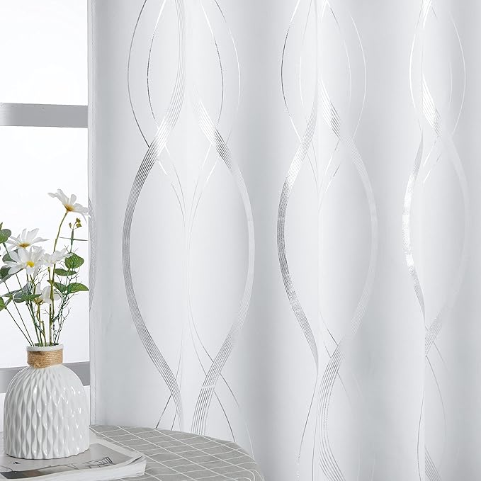 NICETOWN Room Darkening Curtain Panels - Home Fashion Foil Printed Wave Lines Thermal Insulated Room Darkening Curtains for Bedroom/Nursery (1 Pair, 52 inches W x 95 inches, Greyish White)