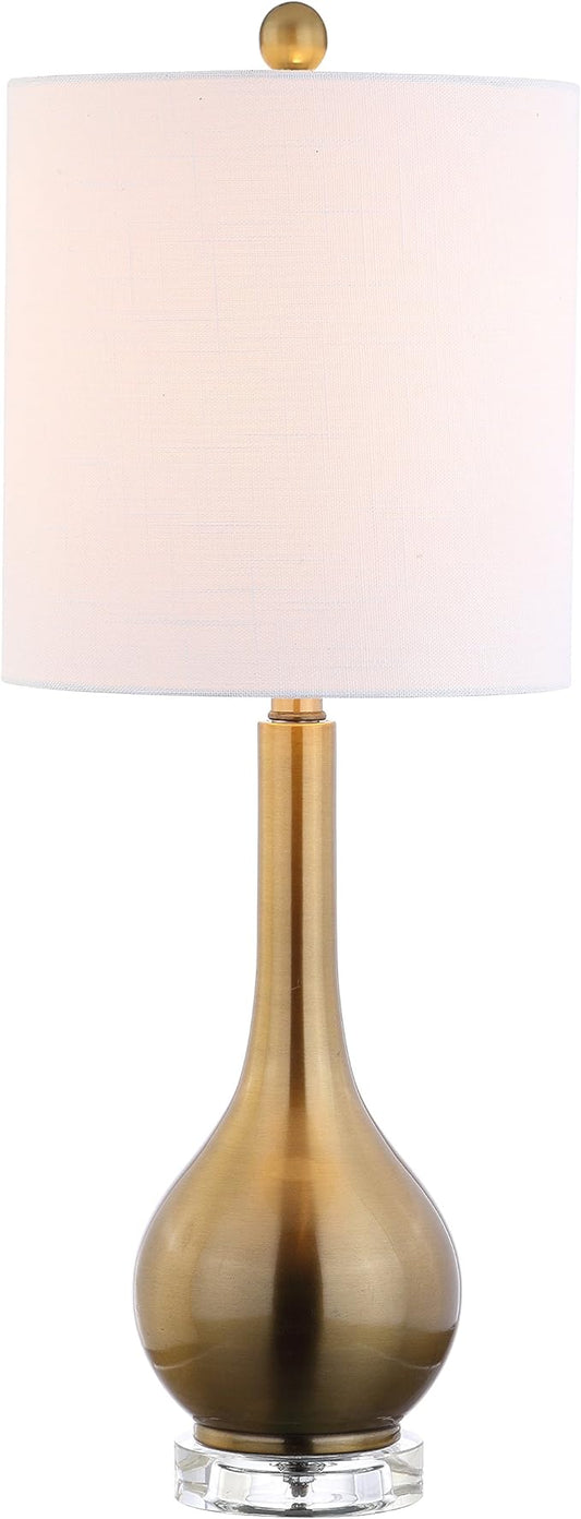 JONATHAN Y 25" Brass Gold Metal and Crystal Teardrop LED Table Lamp for Bedroom Living Room Bedside Nightstand, White Linen Drum Shade, LED Bulb Included JYL5010A