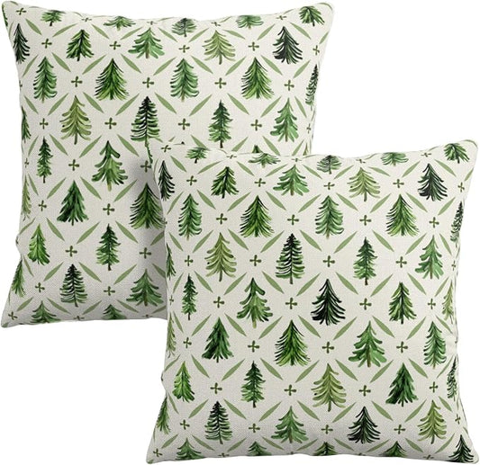 Christmas Tree Pillow Covers 16x16 Set of 2 Sage Green Xmas Farmhouse Print Outdoor Decorative Pillow Cases Winter Holiday Decorations Throw Cushion Case for Couch Sofa Bed