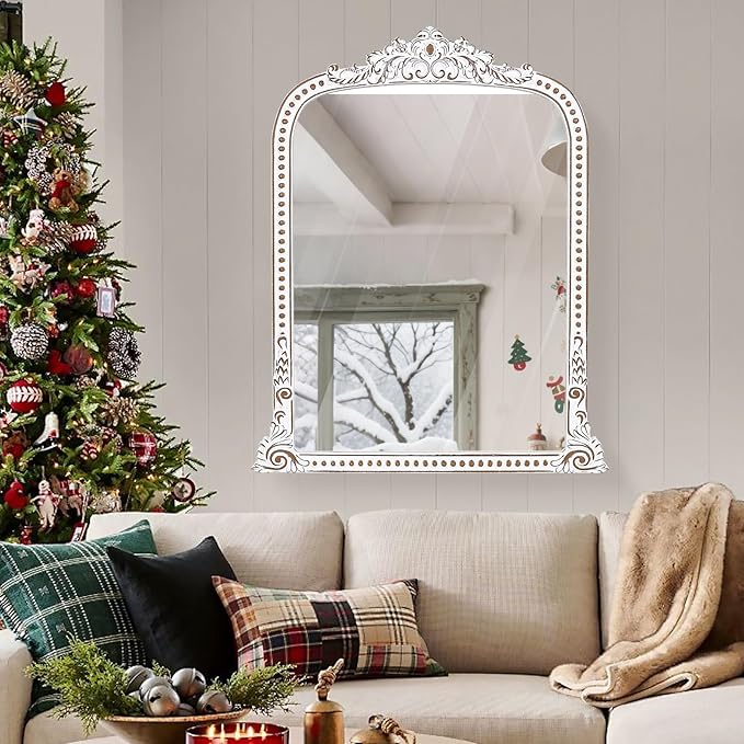 34x42 Inch Baroque Beaded Arched Wooden Wall Mirror, Ornate Rustic Farmhouse Decorative Mirror for Entryway, Fireplace Mantel, Living Room, Bathroom