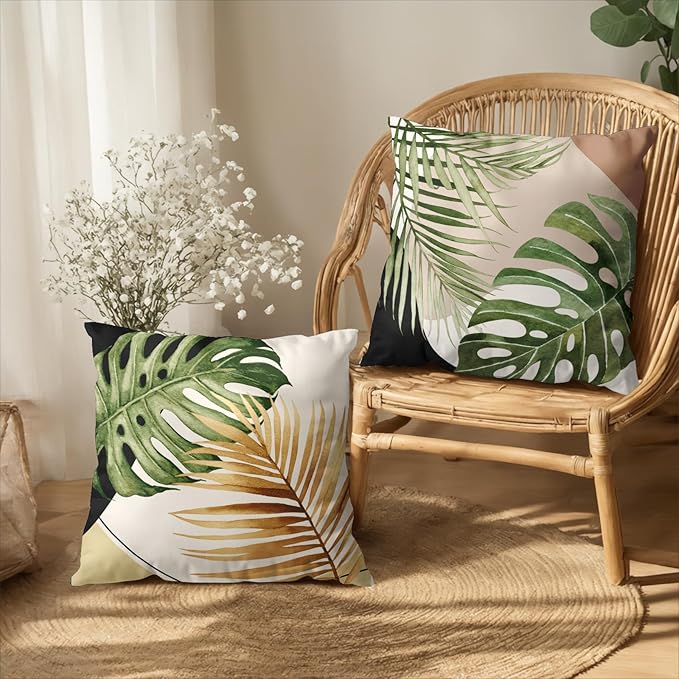 Tropical Palm Leaves Decorative Throw Pillow Covers 18x18 Inch Set of 2 Summer Green Banana Leaf Monstera Plant Pillow Cases Modern Farmhouse Outdoor Cushion Cases for Home Couch Sofa