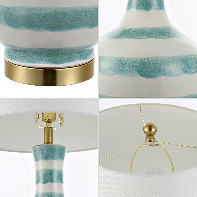 JONATHAN Y 30.5" Green/White Striped Ceramic Table Lamp for Bedroom Living Room, Modern Coastal Bedside Lamp with Gold Base and White Linen Shade, LED Bulb Included JYL3054A