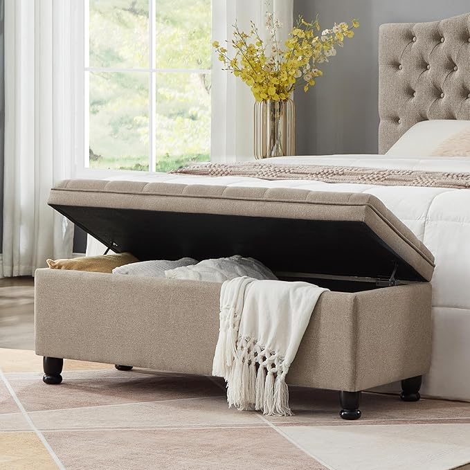 Upholstered Ottoman with Storage,Entryway Bench with Tufted Buttons and Spindle Wooden Legs for Living Room,Bedroom,Linen