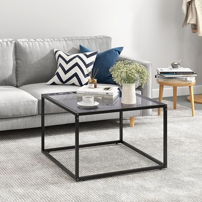 Giantex 27.5" Square Coffee Table - Tempered Glass Center Table w/Metal Frame, Modern Accent Table for Small Space, Living Room, Home, Office, Easy Assembly (1-Tier, Gray)