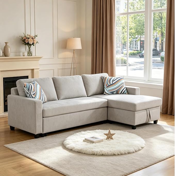 Pull Out Couch, L Shaped Sectional Couch with Pull Out Bed, Convertible Sofa Bed with Storage Chaise, Queen Size Sleeper Sofa, Sofa Bed Couch, Sleeper Sofa with Storage, Gray