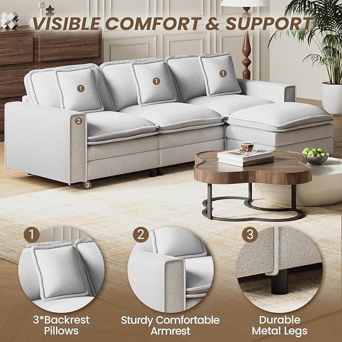 MALOL Modular Sectional Sofa 107", Comfy Cloud Couch with Ottoman, Deep 4-Seat L Shaped Modular Sofa, Couches with Throw Pillows for Living Room, Light Grey