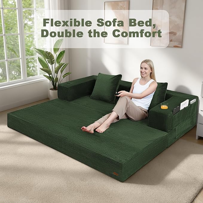 COMAX Queen Size Boneless Couch, 79" Futon Sofa Bed Couches for Living Room, 4 in 1 Convertible Sleeper Sofa Corduroy Couch Bed Foam in a Box, Foldable Cloud Couch Floor Mattress, Green