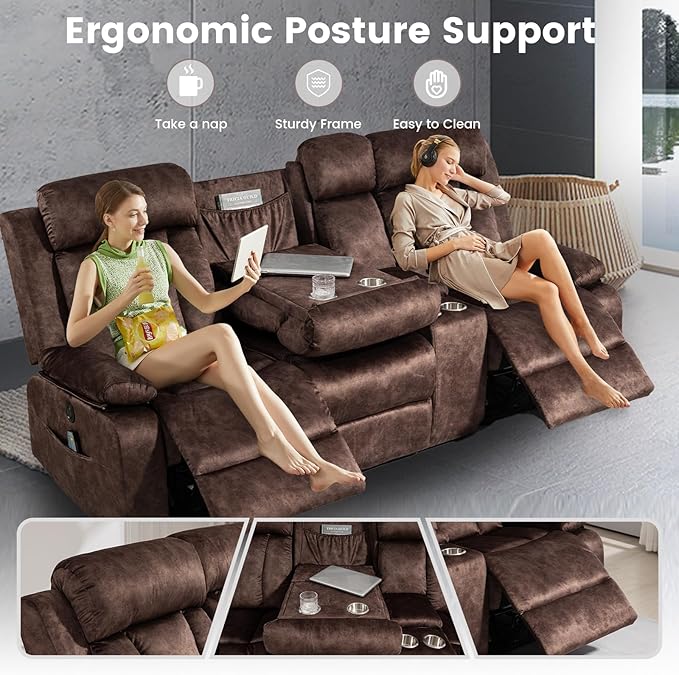 Electric Power Reclining Sofa, 3-Seater Sofa with Flip-Top Console, Massage & Heat, Recliner Couch with Storage, USB Ports, and Cup Holders - Perfect for Living Room Comfort (Brown)