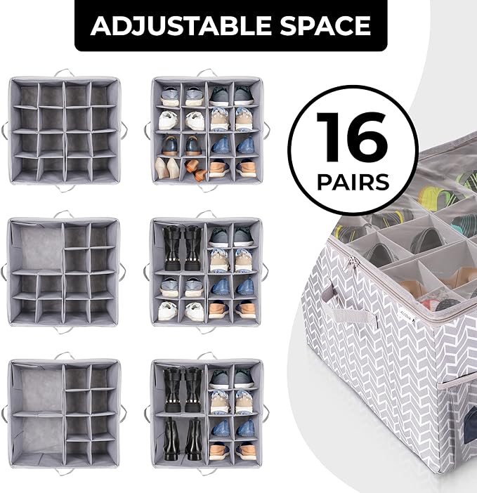 ALCOVA Shoe Organizer for Closet, Shoe Storage Box with Clear Cover, Foldable Shoe Storage Box, Fits up to 12-16 Pairs, Gray