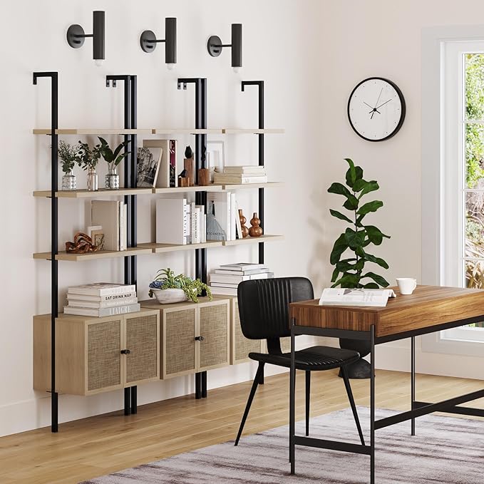 Nathan James Theo Industrial Open Shelf Bookcase with Accent Rattan Drawers Light Oak Wood, Matte Black Frame, Set of 3