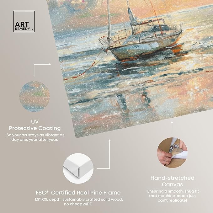 Art Remedy Boat On The Shore Gallery Wrapped Sailing 1 Piece Canvas Wall Art, 36" x 54", Gallery Wrapped