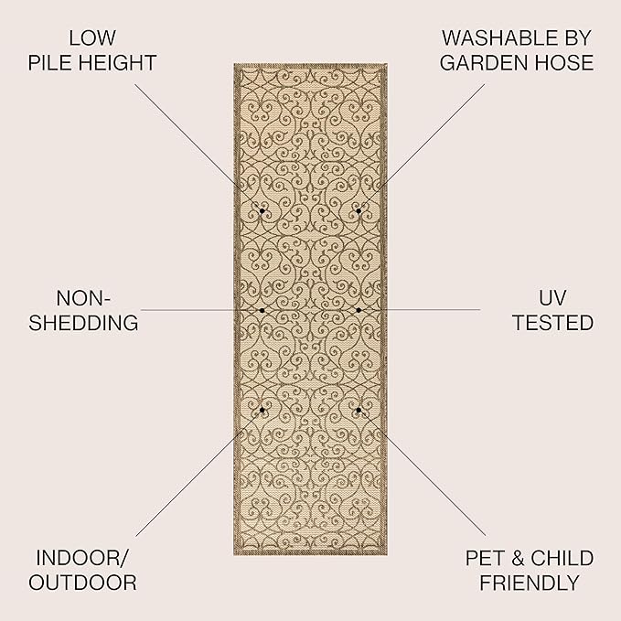 JONATHAN Y Vintage Filigree Indoor Outdoor Runner Rug 2X10 Beige/Brown, Madrid Textured Weave for Backyard, Patio, Porch, Easy-Cleaning, High Traffic, Pet-Friendly, Non-Shedding (SMB107B-210)