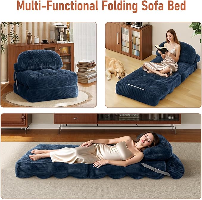 Folding Sofa Bed, Convertible Sleeper Chair with Back Support and Pillow Futon,Boneless Foldable Couch for Living Room/Guest Use/Home Office, Foldable Chair Bed for Adults, Navy Blue
