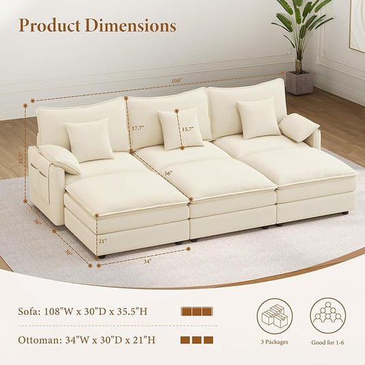 Vesgantti 108" Sectional Sleeper Sofa, 6-Seater Oversized Modular Cloud Couch with Movable Ottoman, Chenille Large Sofa Bed Convertible Deep Seat Couches for Living Room, Bedroom and Apartment, Beige | Sink-in Comfort, Height Adjustable, Easy Rearrange...