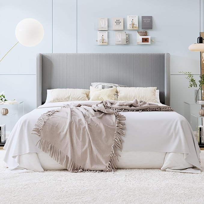 SHA CERLIN King Size Corduroy Upholstered Platform Bed Frame with Vertical Channel Tufted Wingback Headboard, 8" Under Bed Storage, Wooden Slats & Metal Frame Support, Easy Assembly, Light Grey