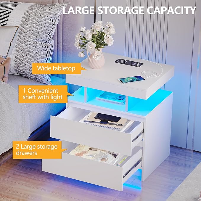 dnbss Nightstand with Charging Station and LED Light, Modern Night Stand with 2 Drawers, Smart Nightstand with USB Ports and Wireless Charger, Bedside Table for Bedroom, White