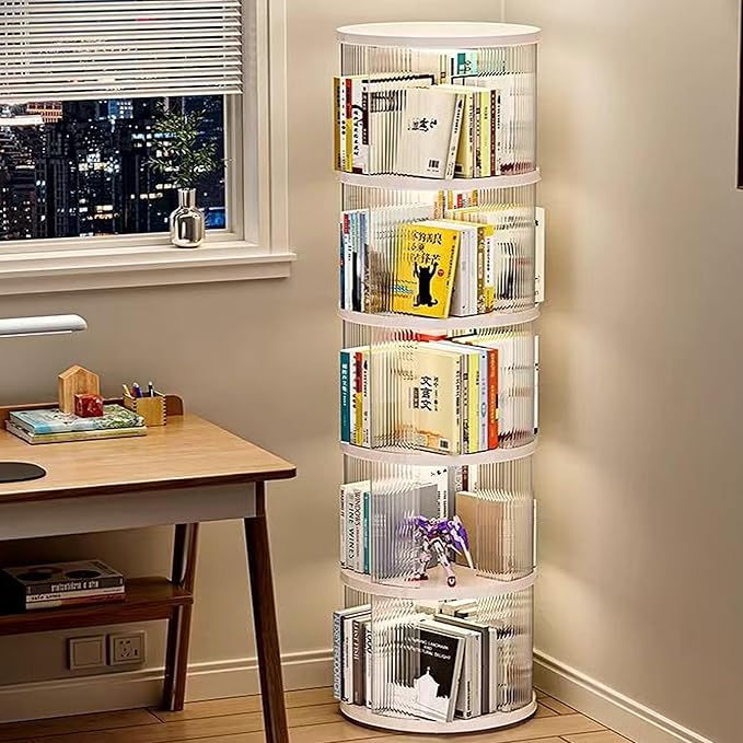 5 Tier Rotating Bookshelf Tower, 360° Rotating Bookshelf, Space Saving Rotating Bookshelves, Revolving Bookcase Suitable for Bedrooms, Living Rooms, Studies and Offices, White, Lazy Susan