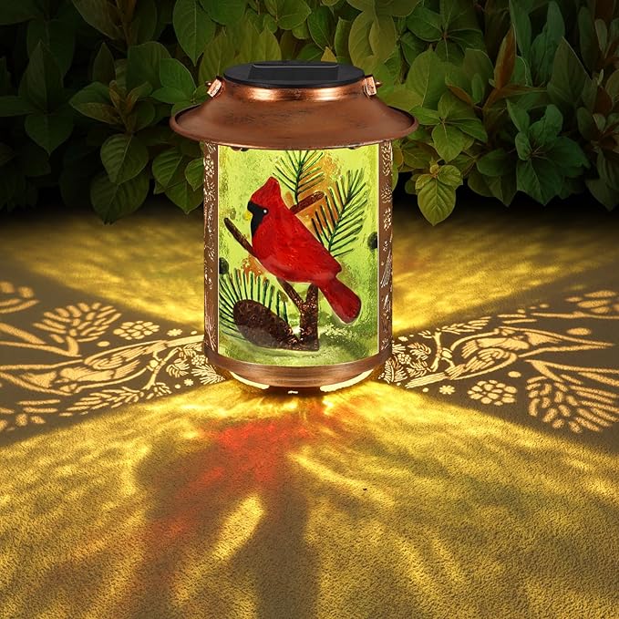 Cardinal Solar Lanterns Outdoor Waterproof,Birthday Gifts for Women Mom Grandma Garden Decor,Hanging Solar Lights Wall Mount Decorations for Yard,Front Porch,Patio,Lawn Pathway Landscape(Pine Tree)