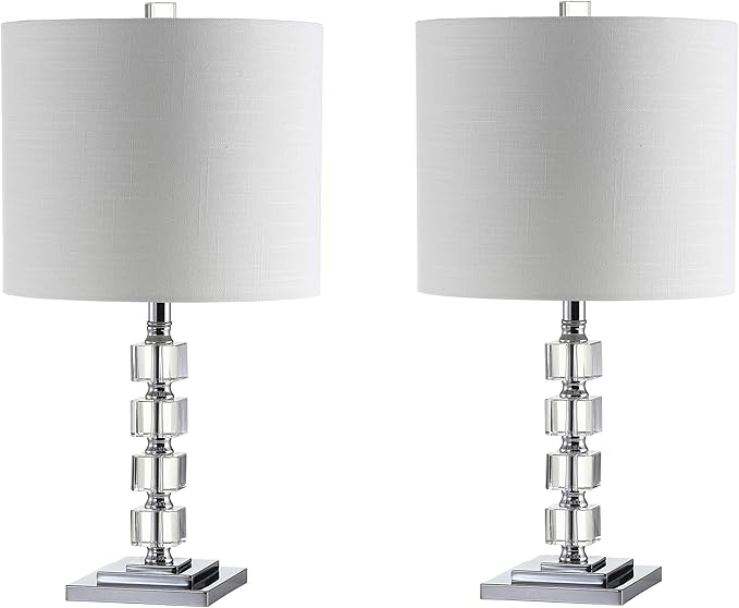JONATHAN Y 22" Clear Crystal and Chrome Stacked Cube Table Lamp Set of 2, Glam Contemporary Nightstand Lamps with White Linen Drum Shade, LED Bulbs Included JYL5040A-SET2