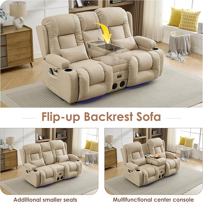 TUNYI Wall Hugger Loveseat Recliner Sofa with Console, Power Reclining Loveseat RV Couch with Massage & Heat/USB/Outlet/Storage/LED Light/Speaker (Beige)