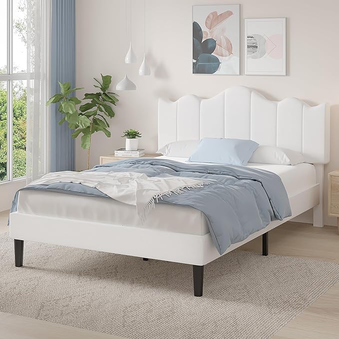 VECELO Full Size Upholstered Platform Bed Frame with Adjustable Headboard, Wood Slat Support and Noise-Free, No Box Spring Needed, Easy Assembly, Off White