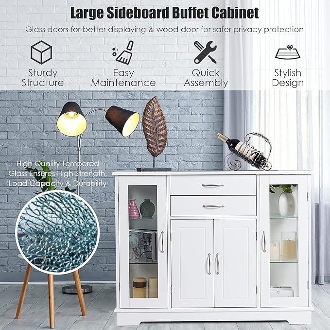 DORTALA Buffet Sideboard, Kitchen Server Cabinet w/ 2 Drawers, Glass Display Cabinet w/Adjustable Glass Shelves, Multifunctional Sideboard Console Table for Kitchen, Living Room, Dining Room, White