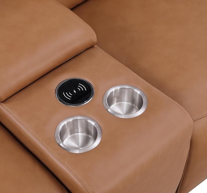 Blackjack Furniture Venice Top Grain Italian Leather Recliner 7 Seater 5 Power Reclining 3 Piece Sofa Set with Adjustable Headrests Modern Seating Sofa, Loveseat and Chair for Living Room , Cognac
