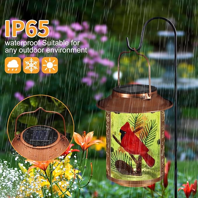 Cardinal Solar Lanterns Outdoor Waterproof,Birthday Gifts for Women Mom Grandma Garden Decor,Hanging Solar Lights Wall Mount Decorations for Yard,Front Porch,Patio,Lawn Pathway Landscape(Pine Tree)