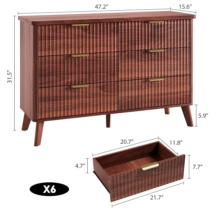 Garvee 6 Drawers Dresser for Bedroom, 47.2" Wide Dressers with Curved Profile Design, Fluted Wood Drawers with Gold Handle, Modern Chest of Dressers with Thickened Design for Living Room, Walnut