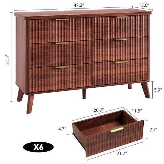 Garvee 6 Drawers Dresser for Bedroom, 47.2" Wide Dressers with Curved Profile Design, Fluted Wood Drawers with Gold Handle, Modern Chest of Dressers with Thickened Design for Living Room, Walnut